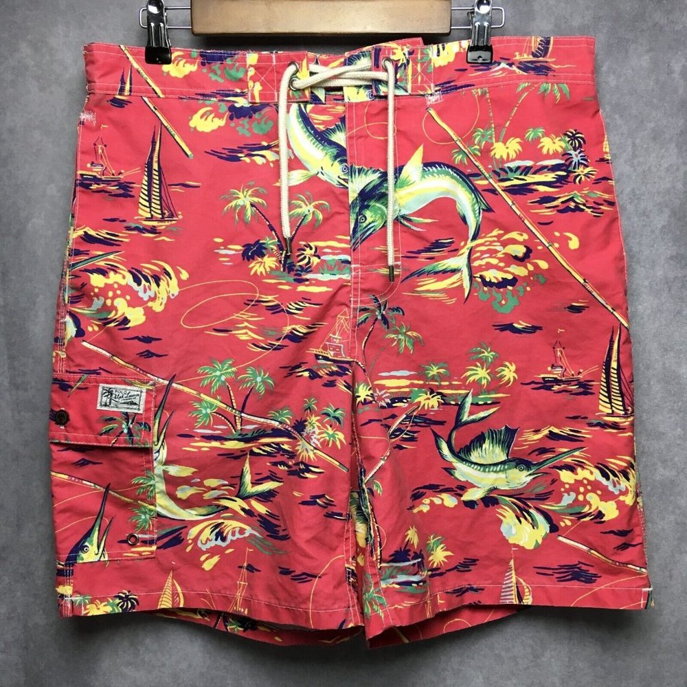 Polo‎ Mens Swim Trunks Shorts size L Pink Beach Print Palms Pockets Cut Liner